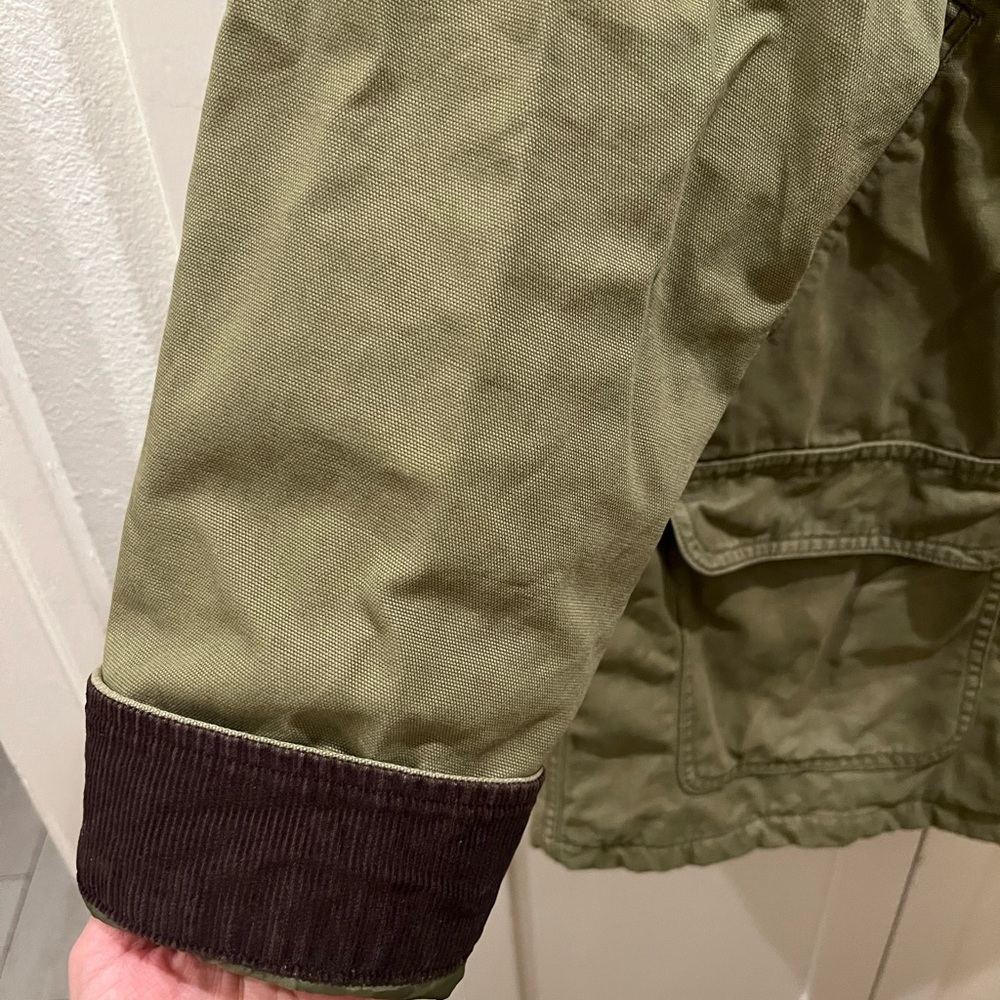 Vintage 90’s Lands' End Barbour Barn Green Khaki Jacket with Brown Corduroy Trim - Picture 3 of 4